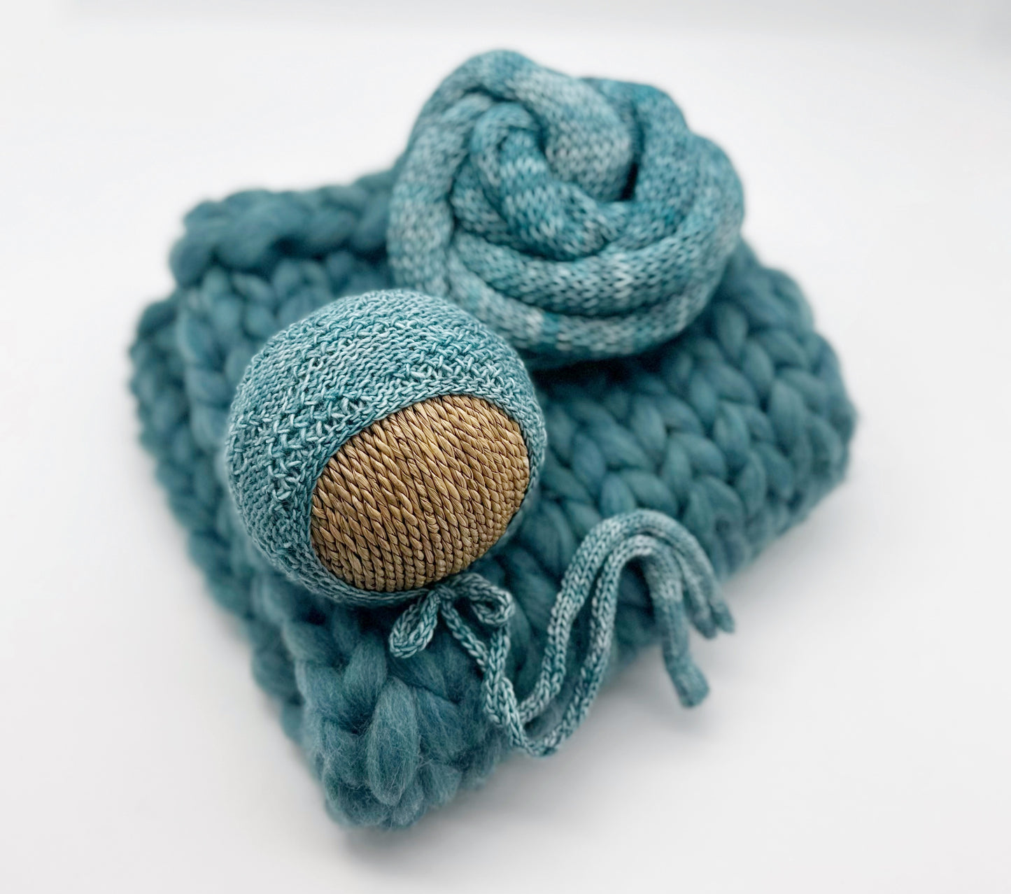 Hand-Knit Newborn Bonnet, Wrap & Layer Set – Deep Teal (RTS)