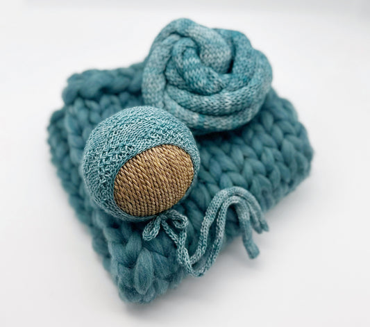 Hand-Knit Newborn Bonnet, Wrap & Layer Set – Deep Teal (RTS)