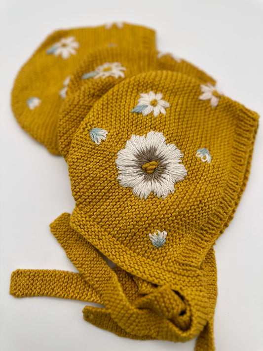 Mustard Embroidered Bonnet | 6-12 months