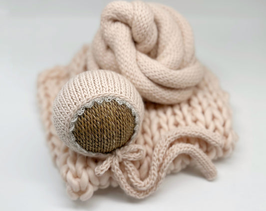 Hand-Knit Newborn Bonnet, Wrap & Layer Set – Powder Peach (RTS)